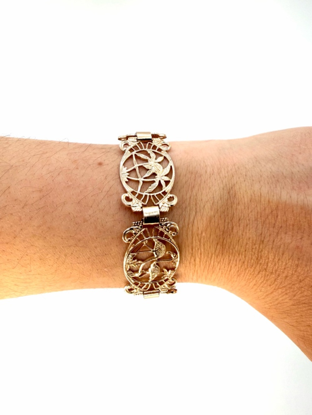 Vintage West Germany Filigree Panel Bracelet Tropical Bird Gold Tone